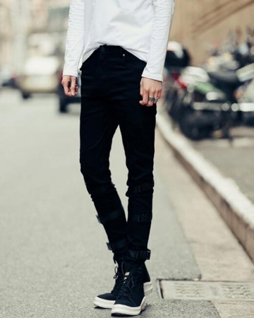 FINDSENSE品牌 男 時尚 街頭 潮 黑 卡扣 軍裝 休閒褲 九分褲 小腳褲 窄管褲