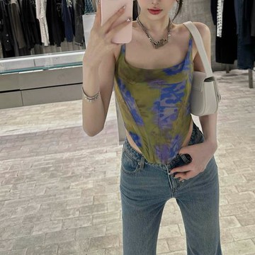 夏季新款個性時髦雙面網紗印花綁帶魚骨背心辣妹上衣女