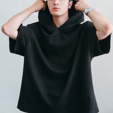 春夏新款潮嘻哈時尚大碼廓形連帽中長款短袖衛衣潮男發型師夜店