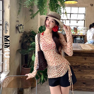 【MIMU】 休閒防曬上衣 【40D網布+人棉背心帶胸墊】兩件套防曬罩衫夏季斜肩修身上衣 網紅同款防曬上衣 寬鬆T恤女