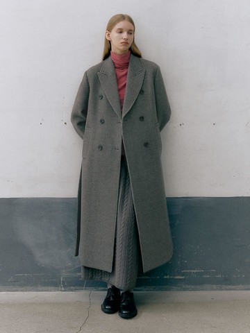 BELTED PEAKED DOUBLE COAT (brown herringbone)