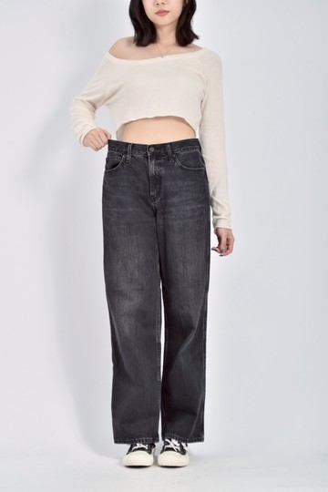 (M) uniqlo jeans高腰質感丹寧牛仔棉質純棉刷色黑色長褲