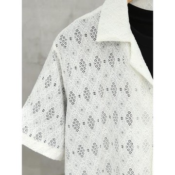 復古蕾絲鏤空男女情侶裝短袖襯衫夏季透氣休閑潮流古巴領襯衣外穿