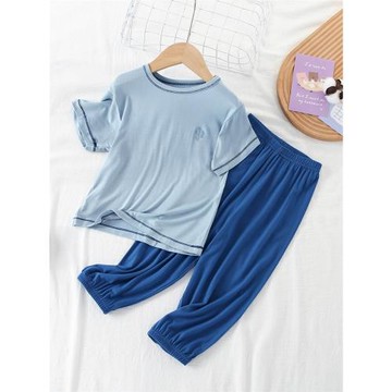 男童春夏季莫代爾冰絲薄款睡衣小男女孩短袖中大童家居空調服套裝