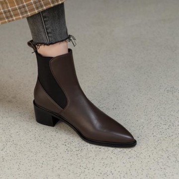 2025英倫風秋冬尖頭拼接短靴女粗跟真皮顯瘦帥氣真皮切爾西靴百搭