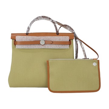 HERMES Herbag 31cm 帆布兩用包(Y刻 /1C 綠X棕/銀釦)