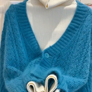 撤柜女裝剪標品牌折扣法式復古外搭針織開衫氣質V領藍色寬松毛衣