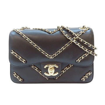 【二手名牌BRAND OFF】CHANEL 香奈兒 黑色 羊皮 山型紋鍊帶 肩背包