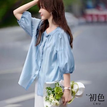初色 日系燈籠袖長袖純色圓領襯衫T恤綁帶上衣女上衣-藍色-38190(M-2XL可選)