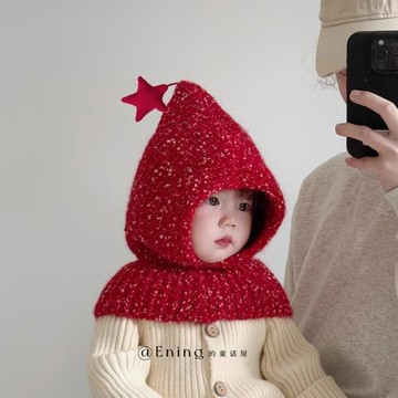 圣誕新年兒童帽子圍巾披肩一體嬰童男女寶寶秋冬季護耳保暖精靈帽