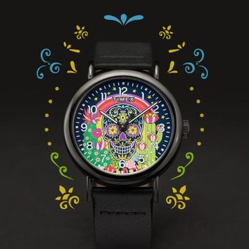 TIMEX  天美時 Weekender 40 毫米 墨西哥 亡靈節 皮革錶帶腕錶(黑 TXTW2Y15900)