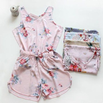 涼爽~夏季薄款女綿綢套裝 無袖短褲人造棉家居服兩件套  純棉睡衣