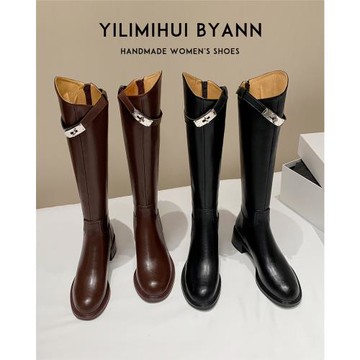 一力米灰 紐約時報~！真皮斜口凱麗扣粗跟騎士靴高真皮瘦腿長靴女