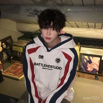 NASAOVER秋冬設計感拚接插肩印花加絨上衣服百搭重磅男生連帽衛衣運動帽T寬鬆衛衣外套冬季加絨帽T