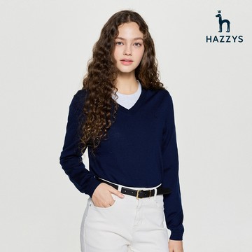 【HAZZYS】女款藏青色柔和羊毛針織修身剪裁奢華設計V領毛衣 YSWDC760