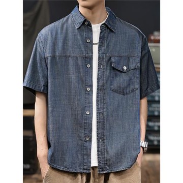 夏季薄款水洗復古牛仔襯衫男士2025夏季新款透氣涼感男款工裝襯衣