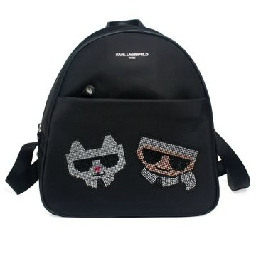 KARL LAGERFELD 卡爾老佛爺&貓咪亮鑽Logo前拉鍊袋尼龍後背包(黑)