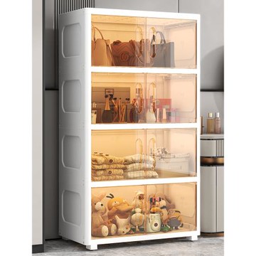 家居塑料透明對開門式收納柜臥室兒童用品整理櫥租房簡易儲物柜子