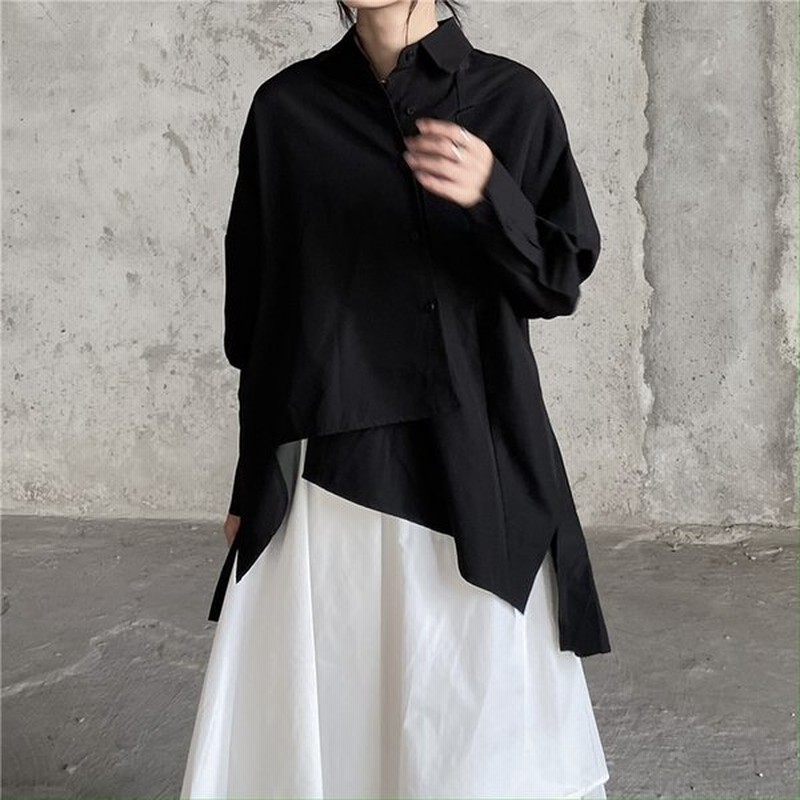 モード系 アシンメトリー シャツ 長袖 黒 イレギュラーヘム 韓国 韓国ファッション きれいめ おしゃれ 通販 Lineポイント最大0 5 Get Lineショッピング