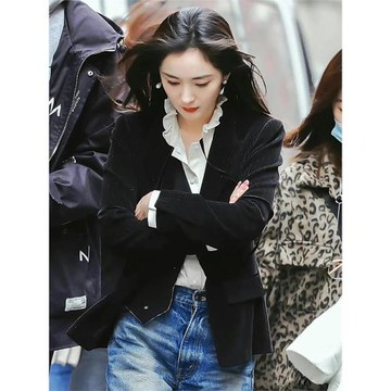 愛的二八定律楊冪同款絲絨外套襯衫假兩件ol黑色設計感小西裝女春