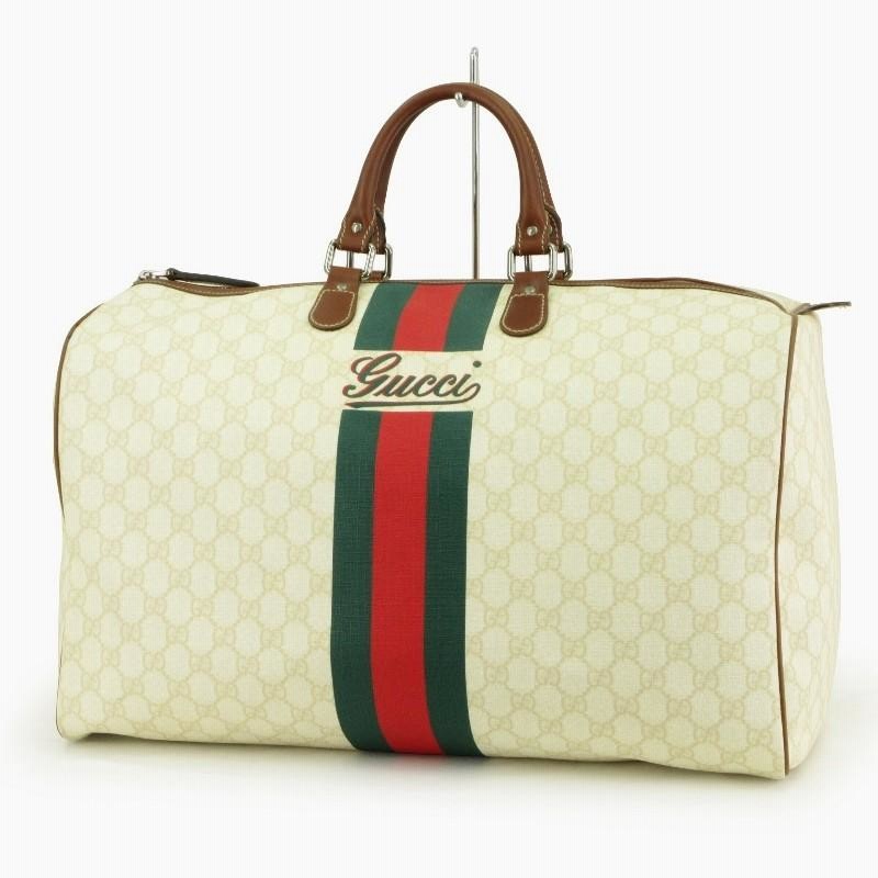 美品 GUCCI グッチ ボストンバッグ 189688 GG柄 モノグラム ストライプ アイボリー ベージュ 茶 PVC レザー バッグ 鞄 中古  60005696 | LINEブランドカタログ