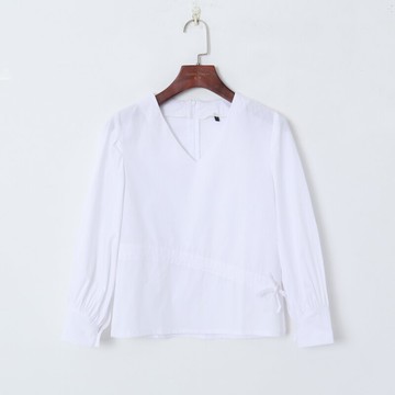 夏季女裝時尚韓版清新純色優雅V領套頭長袖抽繩系帶顯瘦襯衫