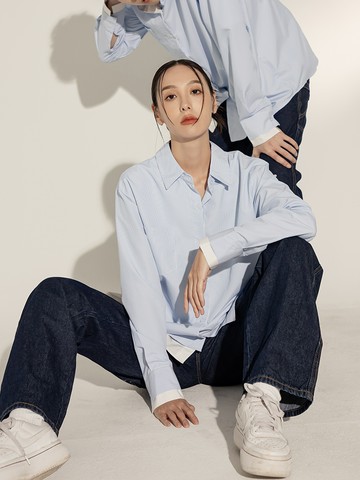 男女共穿．細直紋假兩件質感襯衫