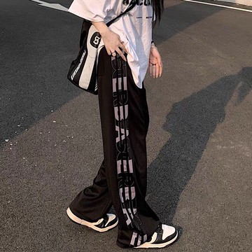 直筒闊腿褲休閒運動褲長褲子女字母印花寬松韓版學生潮夏季百搭薄款