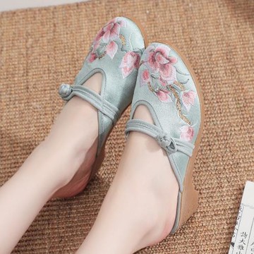 夏季室內新中式刺繡旗袍包頭緞面坡跟民族風拖鞋高跟古風漢服鞋女