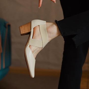 法式包頭涼鞋女2025新款真皮方頭中空淺口單鞋白色粗跟高跟鞋女夏