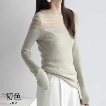 初色  圓領鏤空拼接柔軟親膚長袖針織衫上衣-共3色-31286(F可選)
