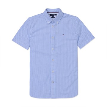 TOMMY 熱銷刺繡Logo短袖襯衫-藍白直條紋色