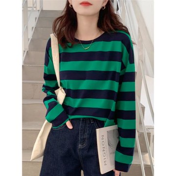 純棉寬松綠色條紋長袖t恤女秋裝2025年新款遮屁股上衣內搭打底衫