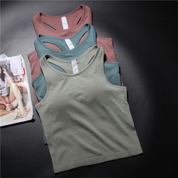 超舒服裸感親膚健身衣女工字短款帶胸墊透氣速干無袖運動背心薄