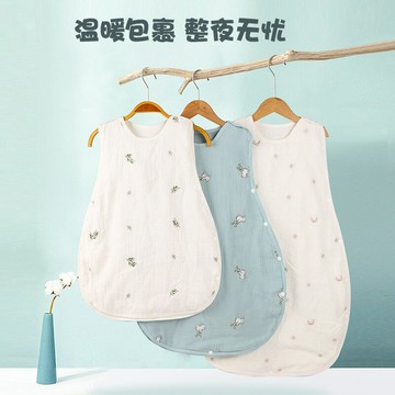 縐布刺繡6層嬰兒睡袋寶寶純棉紗布無袖背心睡覺衣防蹬兒童防踢被鑫弘-萌寶童裝可開發票
