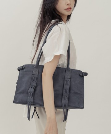 簡約時尚都會編織細節設計真皮肩背手提包  藍灰