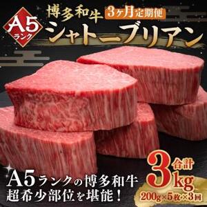 A5等級 博多和牛 ヒレシャトーブリアン  (200g×5枚)×3回 合計3kg