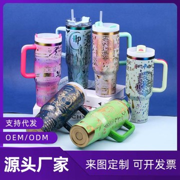 跨境吸管保溫杯定制創意潮流304不銹鋼汽車杯大容量帶手柄冰霸杯