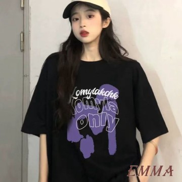 大尺寸150公斤黑色寬鬆短袖t卹女款 夏季新款 oversize 設計感小眾上衣 寬鬆上衣 印花 t恤 寬鬆上衣短袖t恤