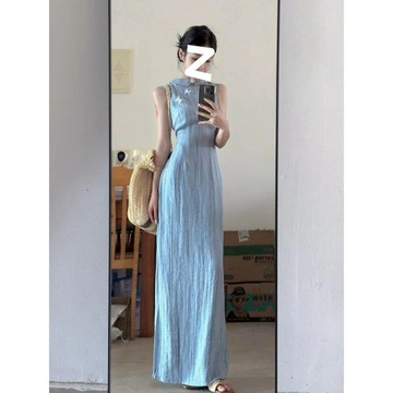 新中式女裝藍色立領無袖旗袍女夏季高級感巨好看顯瘦氣質輕國風裙鑫弘-素時衣櫥