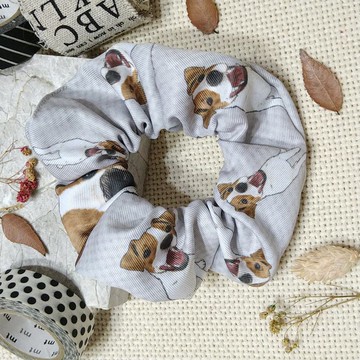 灰底-大腸髮圈_傑克羅素_馬尾髮帶