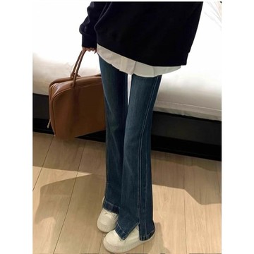【FOH】開叉微喇牛仔褲 顯瘦直筒褲 女生闊腿牛仔褲 彈力 百搭 潮牌 拖地褲 高級感辣妹微喇褲