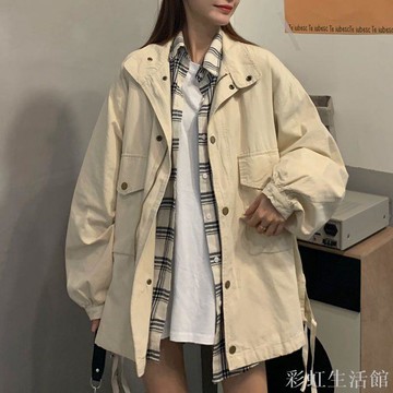 韓版純色港風外套女學生秋季新款長袖復古BF寬松百搭工裝夾克上衣