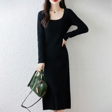 【米蘭精品】現貨+預購 100%羊毛衣針織衫發熱衣長袖保暖內搭加絨寬鬆大碼休閒-U領修身女連衣裙5色74nc104