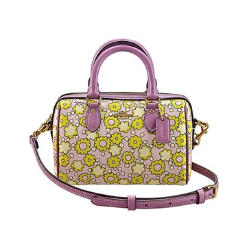 COACH MINI ROWAN綠色小花印花丁香紫PVC拼接真皮飾邊手提/斜背迷你小波士頓包