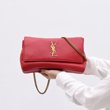 YSL Saint Laurent KATE金屬LOGO小羊皮/麂皮翻蓋斜背包(紅)