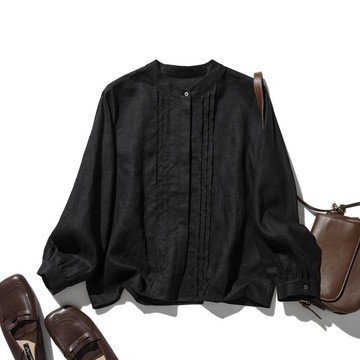 自然風格亞麻襯衫 透氣舒適 簡約設計 輕便休閒 黑色  250412-5