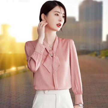 2026年春裝新款紅色襯衫女長袖時尚蝴蝶結條紋雪紡衫打底上衣襯衣