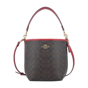 【COACH】CITY 經典馬車Logo防刮皮革側肩/斜背兩用水桶包(深咖紅)