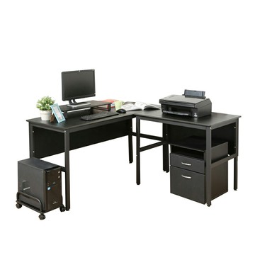 《DFhouse》頂楓150+90公分大L型工作桌+主機架+桌上架+活動櫃-黑橡木色